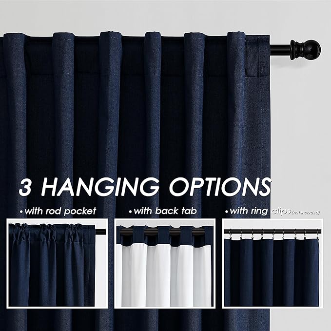 Nanspring Navy Blue 100% Blackout Curtains 63 inches Long Back Tab Rod Pocket Thermal Insulated Textured Short Blackout Curtains 2 Panels Set 52x63