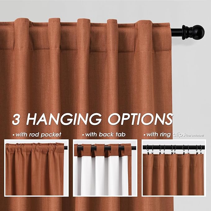 Terracotta Linen Blackout Curtains 120 Inch Length 2 Panels Set Extra Long 10 Ft Back Tab Pocket Drapes Thermal Insulated Total Blocking Curtains for Dining Room Cottage High Window Curtain 52x120