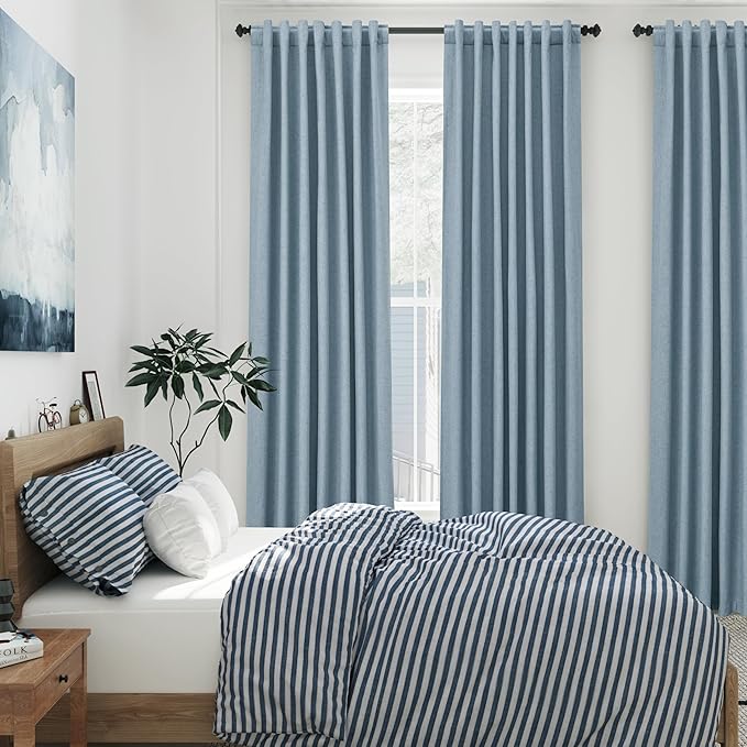 Nanspring Blue Linen 100% Blackout Curtains 144 inch Length Back Tab Rod Pocket DrapesThermal Insulated Textured Living Room Blackout Curtains 2 Panels Set 52x144