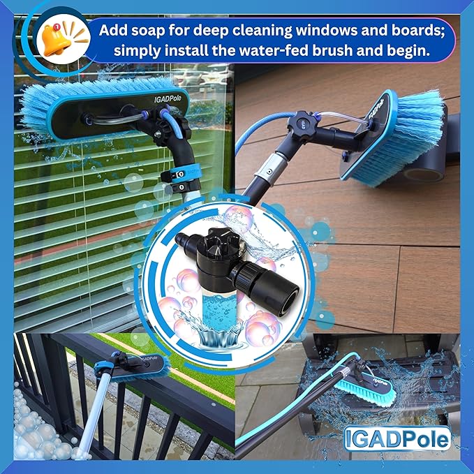 IGADPole 20 FT Water-Fed Cleaning Kit – Extendable Telescopic Pole with Soap-Dispenser, Brush & Cobweb Duster, Adjustable 5-20 FT Handle for Safe High Window, Gutter, Solar Panel & Exterior Cleaning