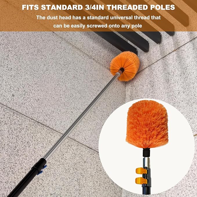 1 Pack Big Cobweb Duster Head Twist-On Spider Web Fuster for Outdoor & Indoor Web Cleaning // Fits Standard 3/4 Inch Threaded Poles // Cobweb Duster Brush Head Only (Orange)