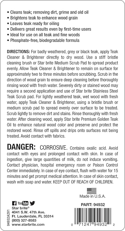 STAR BRITE Teak Cleaner & Brightener, Restore Weathered Wood, 32oz (094932)