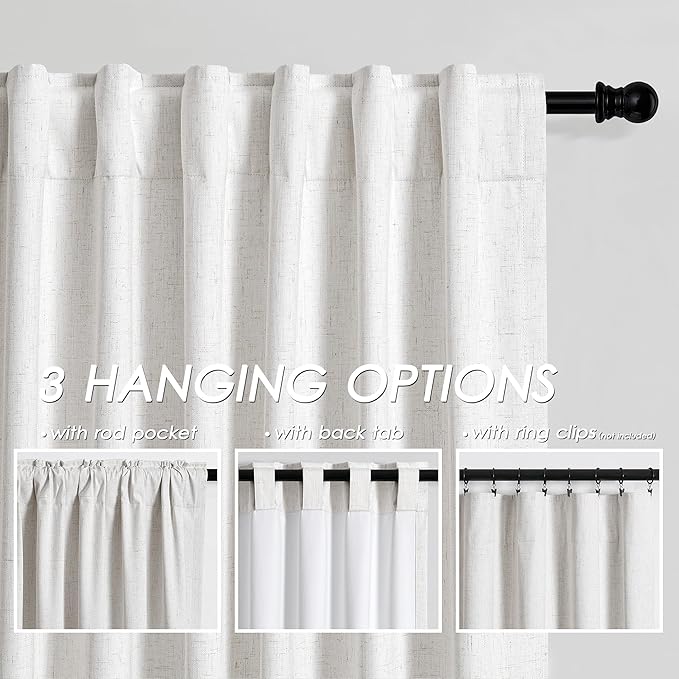 100% Blackout Linen Curtains 90 inch Length 1 Panel for Living Room Loop Pocket Pinch Pleated Black Out Drapes Cream Colored Heat Reducing Total Blackout Window Curtains for Bedroom 70x90