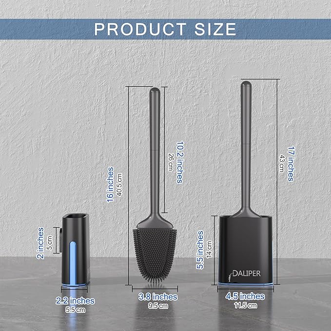 DALIPER Toilet Brush and Holder Set - Flexible Silicone Toilet Bowl Scrubber Brush, Compact Bathroom Brush with Ventilation Base, Black