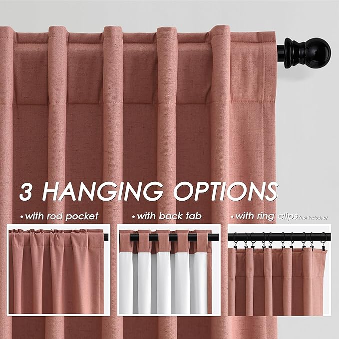 Blackout Linen Curtains 90 Inch Length 2 Panels Canyon Rose Rustic Farmhouse Back Tab Pocket Noise Reducing Drapes Thermal Insulated Flax Linen Curtains for Bedroom and Nursery Windows 52X90