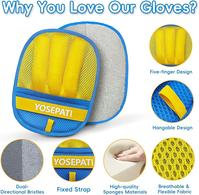 YOSEPATI Pet Hair Removal Glove, Five-Finger Magic Brush Electrostatic Mitt, Pet Hair Remover Tool for Dog & Cat, Reusable Pet Hair Gloves Pet Grooming Needs, Fur Remover for Couch, Clothing & Carpet