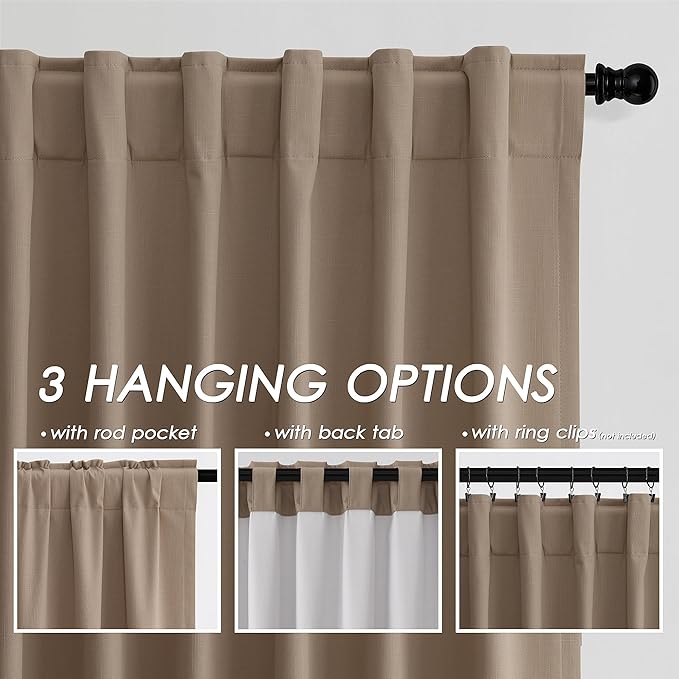 Nanspring Tan Green Linen Blackout Curtains 72 inch Length for Living Room Boho Farmhouse Back Tab Rod Pocket Thermal Insulated Textured Living Room Blackout Curtains 2 Panels Set 52x72 Inch