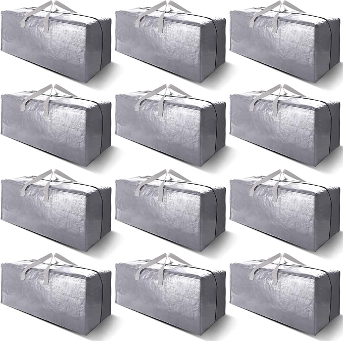 12 Pack Heavy Duty Extra Large Moving Bags W/Backpack Straps - Strong Handles & Zippers, Storage Totes For Space Saving, Fold Flat, Alternative to Moving Box and Storage Bin, Silver