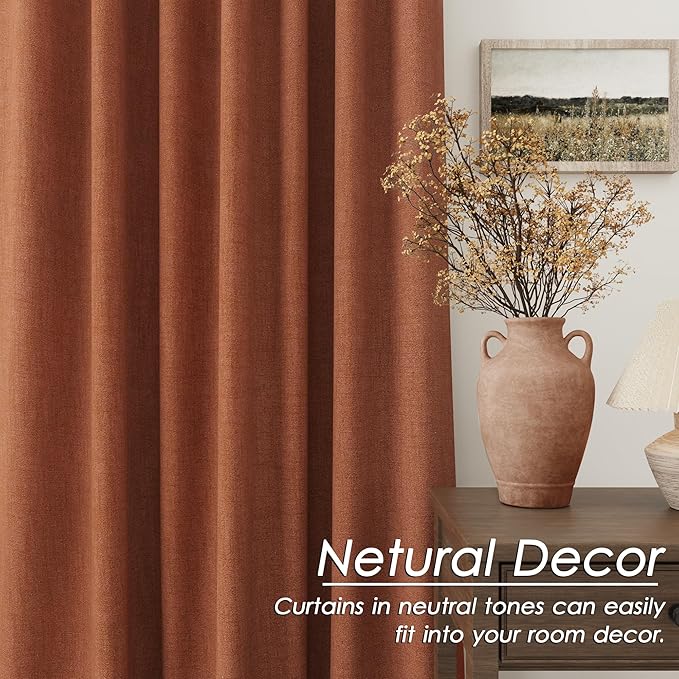Nanspring Terracotta Linen 100% Blackout Curtains 95 inch Length Back Tab Rod Pocket Drapes Thermal Insulated Textured Living Room Black Out Curtains 2 Panels Set 52x95