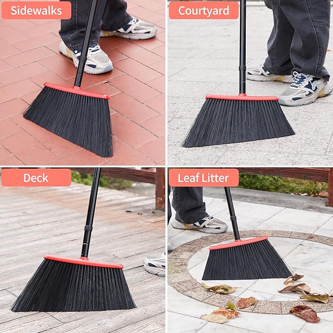 JEHONN Outdoor Broom Heavy Duty with 55 Inches Long Handle, Household Collapsible Angle Brush for Sweeping Indoor Kitchen Patio Shop Outside Garage Lobby Garden Deck Hardwood Floors