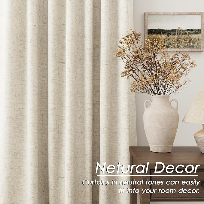Beige Blackout Linen Curtains 100 Inches Long 2 Panels for Bedroom Back Tab Pinch Pleated Thermal Insulated Black Out Curtains Boho Farmhouse Drop Cloth Room Darkening Curtain Taupe Tan