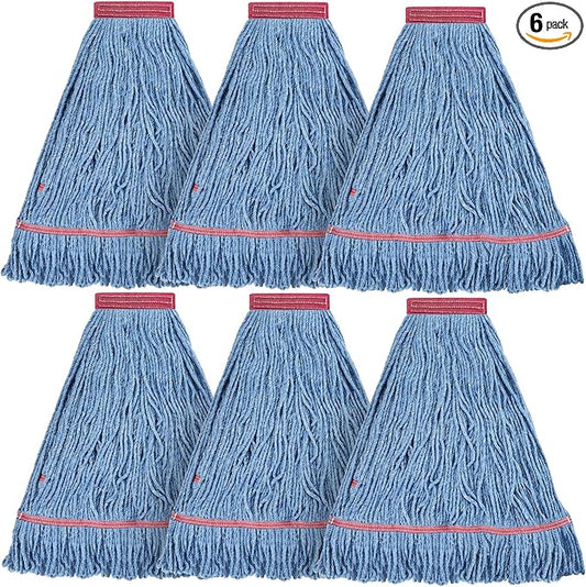 Matthew Cleaning 24oz Heavy Duty Mop Head Commercial Replacement for General and Floor Cleaning, Wet Industrial Blue Cotton Looped End String Head Refill (Pack of 6) Blue