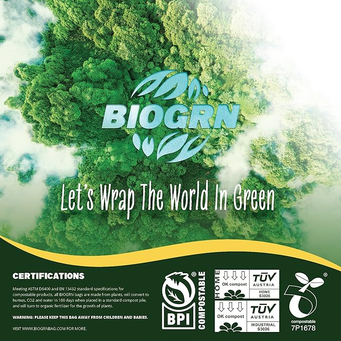 2.6-3 Gallon Compostable Trash Bags Drawstring 50 Bags Extra Thick 1 Mil 11.36 Liter Small Biodegradable Trash Bags for Kitchen Countertop Bin ASTM D6400, US BPI and OK Compost Home Certified