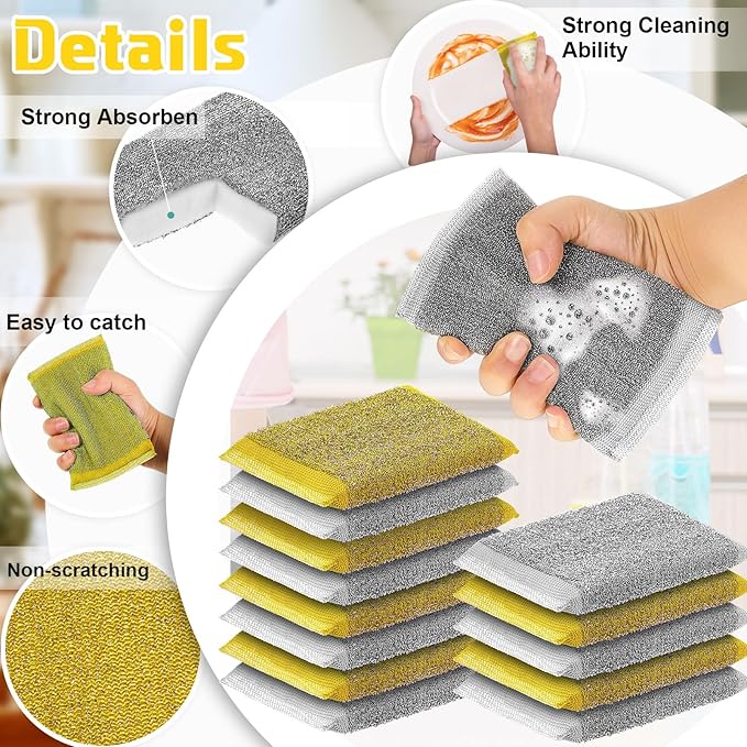 Thyle 24 Pack Steel Scrub Sponges for Dishes Non Scratch Scouring Sponge Multi Use Metal Scrubber Heavy Duty Dish Wash Kitchen Sponge for Pot Dish Washing Hard Surface Cleaning Tools (Gray,Yellow)