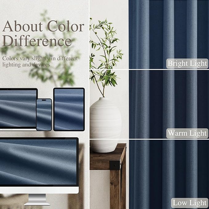 Nanspring Denim Blue Linen Blackout Curtains 84 Inches Long Loop Pocket Rod Pocket Flax Linen Sound Proof Total Blackout 2 Panels Set for Living Room Boho Farmhouse Curtains Drapes 52x84