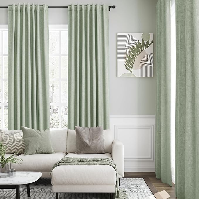 Blackout Light Sage Linen Curtains 96 Inches Long Back Tab Heat Reflective Full Light Block Out Curtain 2 Panels for Bedroom Window Textured Long Draperies with Liner Floor to Ceiling Length 52x96