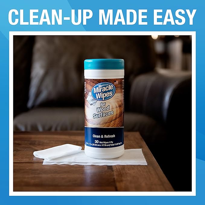 MiracleWipes for Wood Surfaces, Remove Dirt and Grime Buildup, Clean, Protect, and Polish Cabinets, Furniture, and Wood Floors, Great for Kitchen and Bathroom Cleaning Support - 30 Count (Pack of 2)