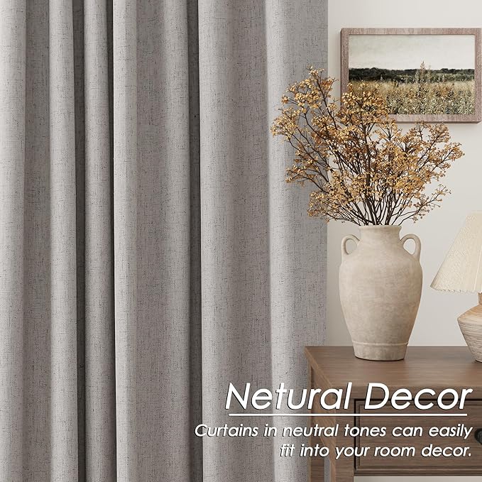 Silver Linen Curtains for Bedroom Black Out 96 Inch Long Full Blackout Back Tab Rod Pocket Curtains for Living Room Neutral Rustic Style Insulated Light Blocking Drapes 96 Inches Long 2 Panels 8 Ft
