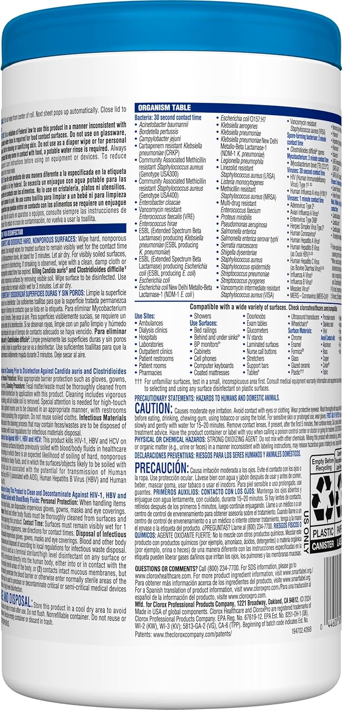Clorox Healthcare Bleach Germicidal Wipes, 6" x 5", 150 Count Canister, Pack of 6 (Package May Vary)