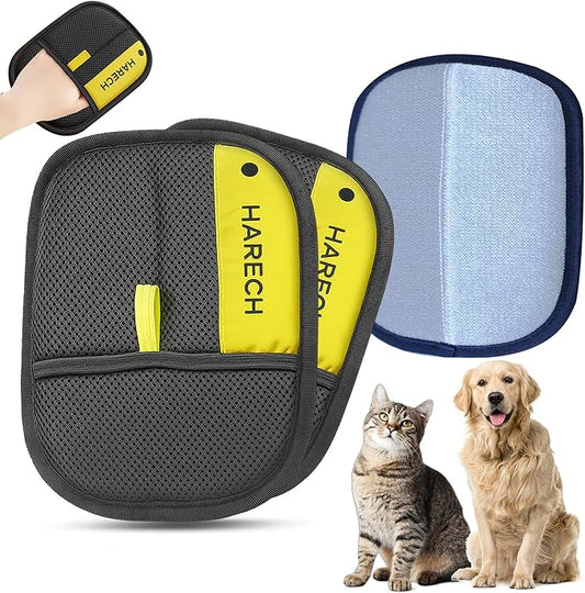 HARECH [2-Pack] Pet Hair Removal Glove Set, Black & Yellow Washable Fur Remover for Dogs & Cats, Reusable Grooming Tool with Meshed Fabric for Furniture, Sofa, Carpet