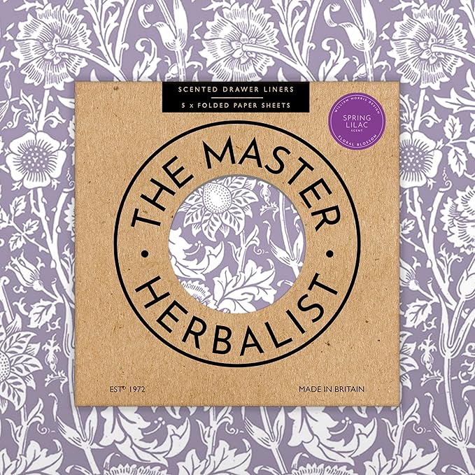 The Master Herbalist Lilac Scented Drawer Liners in a Purple William Morris Design | Pack of 5 Folded Sheets | Contains Essential Oils | Made in The UK.