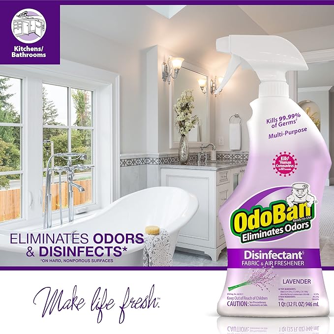 OdoBan Ready-to-Use Disinfectant and Odor Eliminator, Set of 4 Spray Bottles, 32 Ounces Each, Lavender Scent