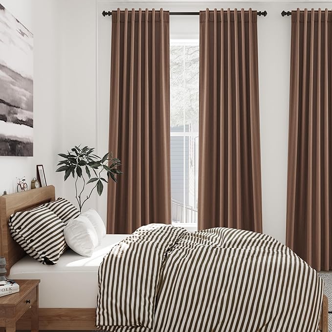 Nanspring Caramel Brown Linen Blackout Curtains 84 Inches for Bedroom Modern Farmhouse Living Room Draperies Cream Colored Thermal Insulated Full Shading Curtains for Sliding Door 52x84