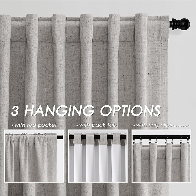 Silver Linen Curtains for Bedroom Black Out 96 Inch Long Full Blackout Back Tab Rod Pocket Curtains for Living Room Neutral Rustic Style Insulated Light Blocking Drapes 96 Inches Long 2 Panels 8 Ft