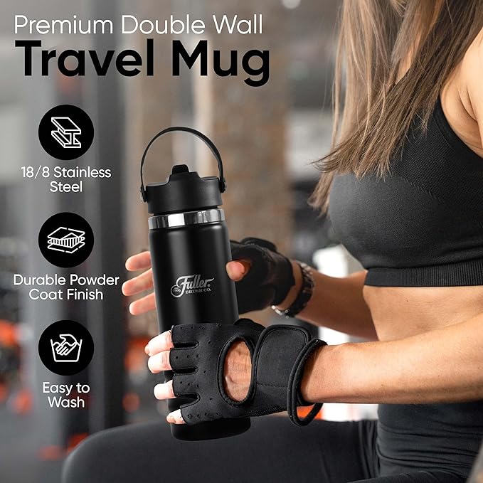 Fuller Stainless Steel Water Bottle with Straw Lid – BPA-Free, Sweat-Proof, Leak-Proof Travel Mug – Double Wall Insulated for Hot & Cold Drinks – Carry Handle (Black, 20 Oz.)