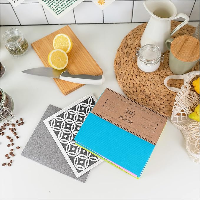 SUPERSCANDI 6 Pack Swedish Dishcloths for Kitchen - 100% Biodegradable & Compostable Reusable Paper Towels Washable, Food-Safe & Without Plastic - Dish Rags Suitable for Any Surface, Yellow