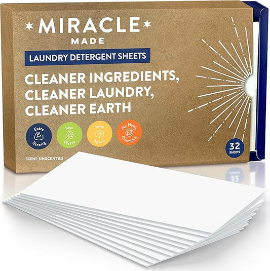Miracle Made Liquidless Laundry Detergent Sheets – Eco-Friendly, Gentle Fabric Softener – No Dye, Bleach, or Paraben – 32 Strips (64 Loads) – Unscented