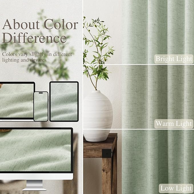 Light Sage Linen Blackout Curtains 108 Inches Long 2 Panel Set for Living Room Back Tab Pocket Drapes Cotton Textured Room Darkening Light Blocking Curtain for Bedroom Cottage High Window 52x108