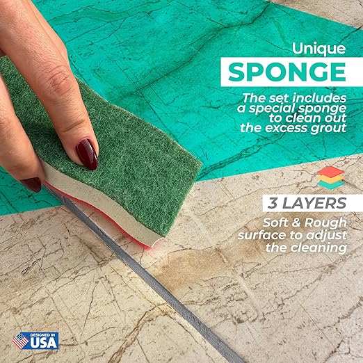 PentaUSA Tile Grout Repair Kit with Removal Tool, Premix Grout Bundle Set, Sponge and Cleaner (8.8 Oz - 250gr) (Grey)