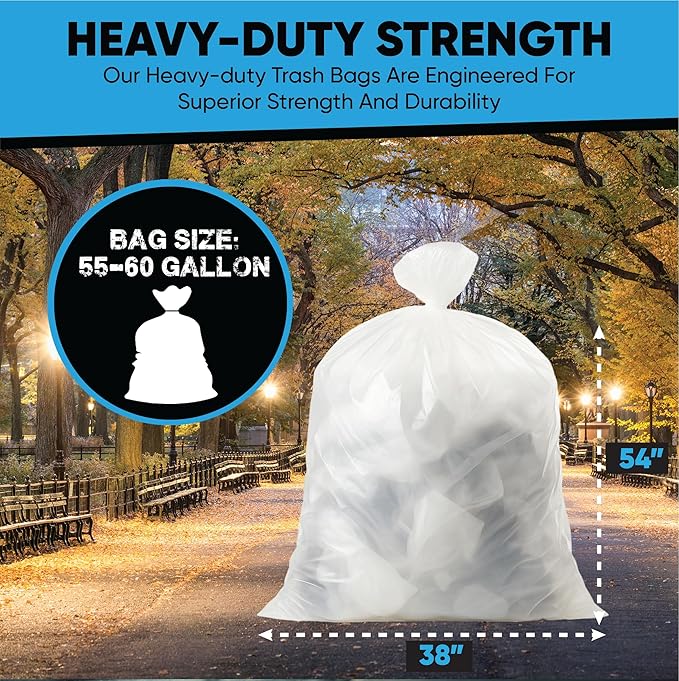 55-60 Gallon Clear Trash Bags | 50 Count | Large Clear Plastic Bags for Recycling, Garbage, and Commercial Use – Fits 55 Gallon and 60 Gallon Trash Cans