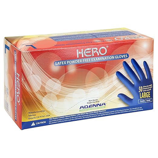 Adenna HERO Disposable Latex Gloves - 14 Mil, NFPA-Approved Heavy Duty Glove with 12" Extended Cuff & Micro-Textured Grip, Exam Grade, Powder Free, Pack of 50, Large, Blue