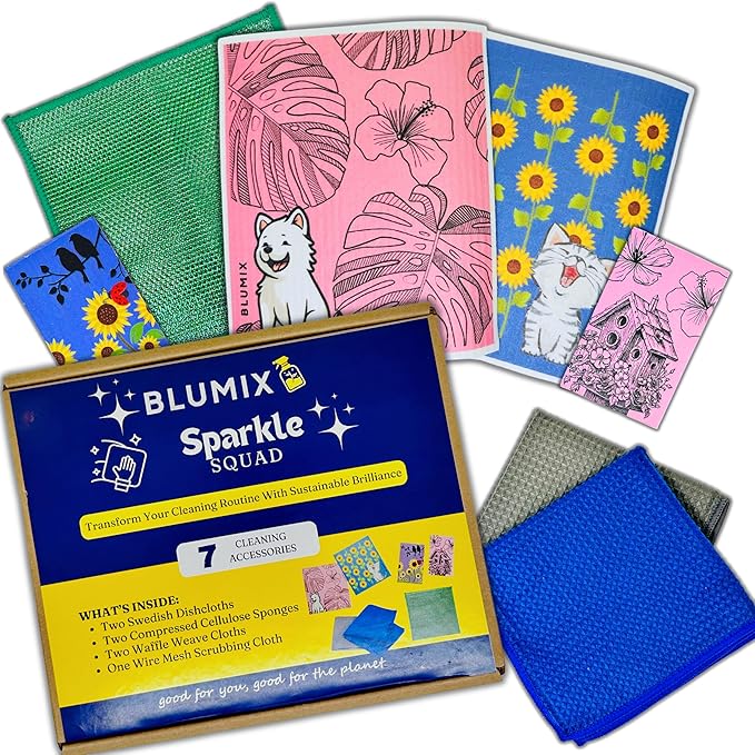 Eco-Friendly Cleaning Cloth Kit – 7-Piece Reusable Set | 2 Swedish Dishcloths, 2 Cellulose Sponges, 2 Glass Cleaner Cloths, 1 Wire Scrubbing Cloth | Low-Waste, Plant-Based Essentials
