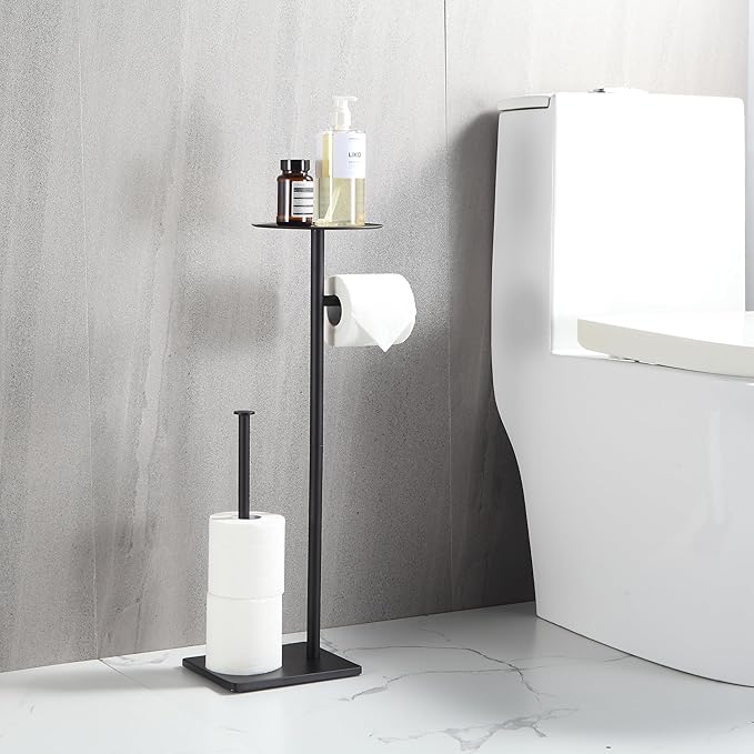 BVL Toilet Paper Holder Stand with Shelf Black Toilet Paper Holder Frees tanding with Shelf Brushed Nickel