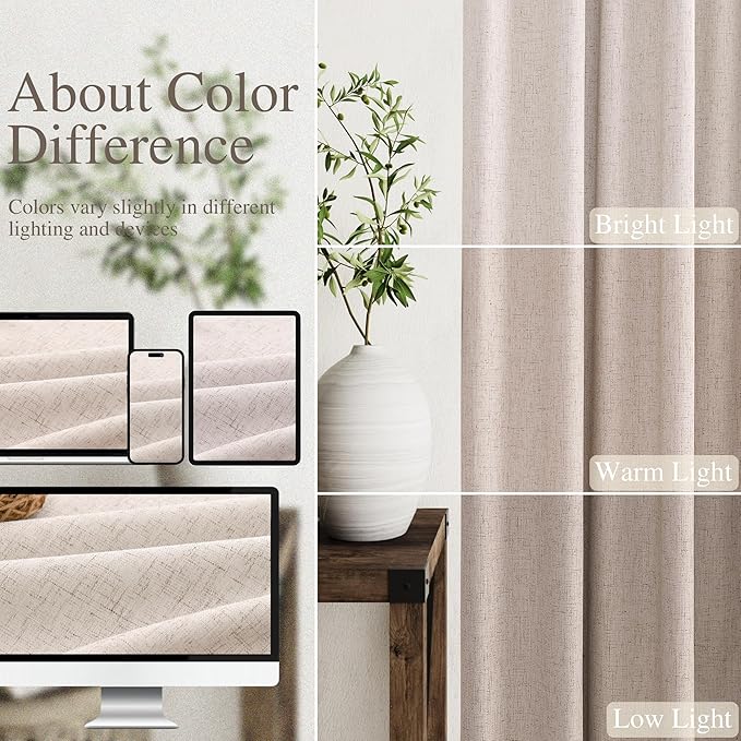 100% Blackout Linen Curtains 90 inch Length 2 Panels for Living Room Loop Pocket Pinch Pleated Black Out Drapes Oatmeal Heat Reducing Total Blackout Window Curtains for Bedroom 90 inches Long