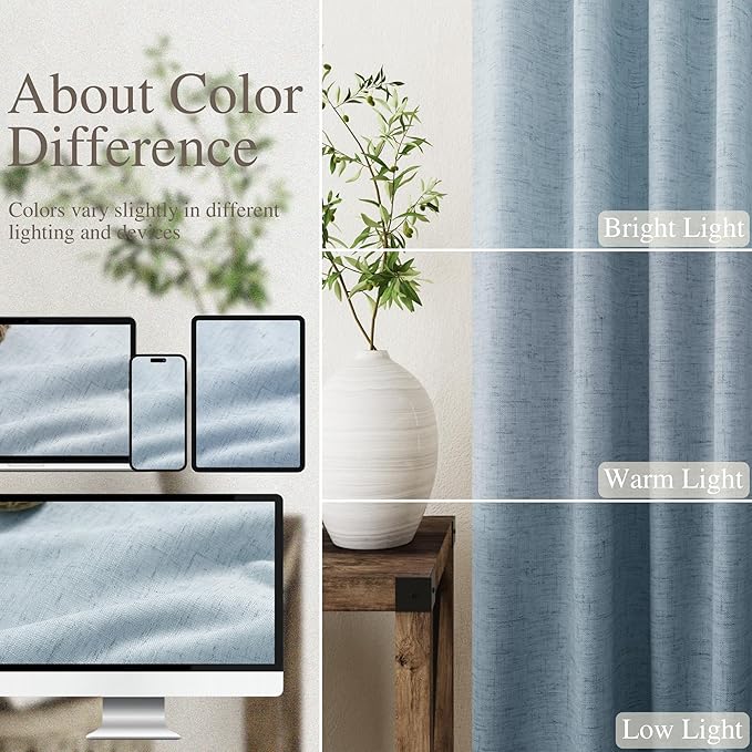 Nanspring Blue Linen 100% Blackout Curtains 92 inch Length Back Tab Rod Pocket Drapes Thermal Insulated Textured Living Room Black Out Curtains 2 Panels Set 52x92