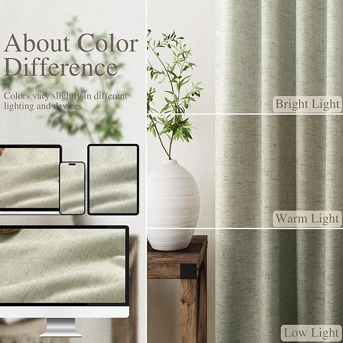 Nanspring Sage Green Linen 100% Blackout Curtains 100 inch Length Back Tab Rod Pocket Drapes Thermal Insulated Textured Living Room Black Out Curtains 2 Panels Set 52x100
