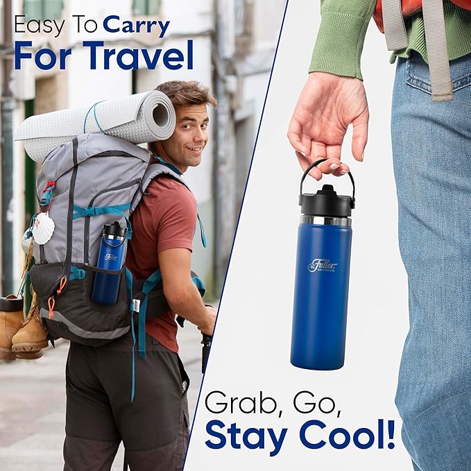 Fuller Stainless Steel Water Bottle with Straw Lid – BPA-Free, Sweat-Proof, Leak-Proof Travel Mug – Double Wall Insulated for Hot & Cold Drinks – Carry Handle (Mazarine Blue, 20 Oz.)