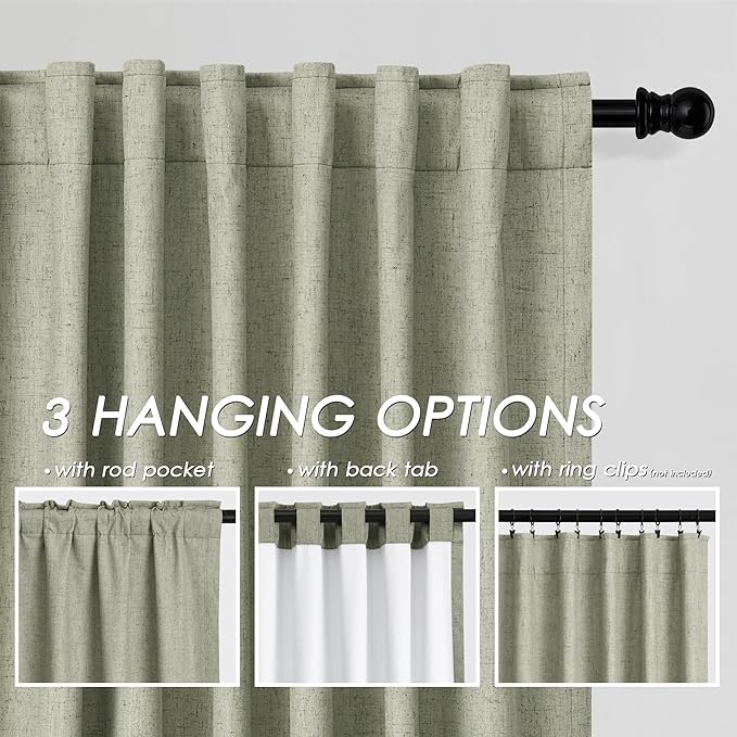 100% Blackout Linen Curtains 84 Inch Length 2 Panels Sage Green Light Blocking Darkening Living Room Curtains 84 Inches Long Elegant Modern Back Tab Pocket Noise Reducing Drapes for Nursery 52X84