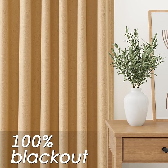 Nanspring Camel Linen Blackout Curtains 84 Inches for Bedroom Modern Farmhouse Living Room Draperies Camel Colored Thermal Insulated Full Shading Curtains for Sliding Door 52x84