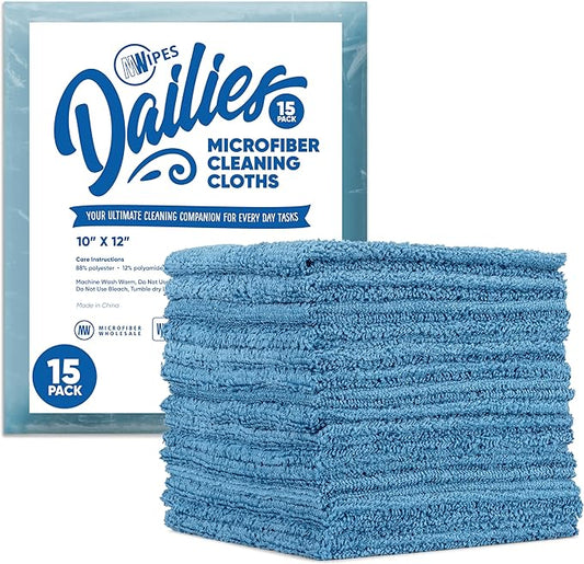Microfiber Wholesale Dailies Microfiber Cleaning Cloths | 15-Pack (Blue) 12"x10" | Fits TowelNest Dispenser | Reusable, Absorbent, Washable | Eco-Friendly Paper Towel Alternative