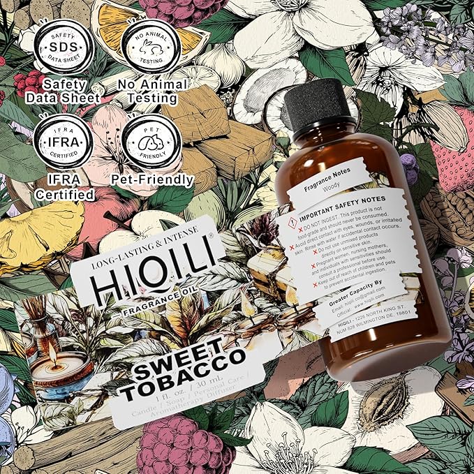 HIQILI Sweet Tobacco Fragrance Oil for Home Essential Oil Diffuser, Candle, Soap, Perfume & Body Scrubs Making, Rich Scent - 1 Fl Oz