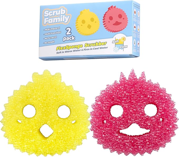 Scrub Family Functional Sponge Scrubber Set - Daddy Mommy Daily Scrub Sponge, Smiley Happy Face, Firm in Cold and Soft in Warm, Scratch Free, No Odor, 2 Animal Patterns (2ct)