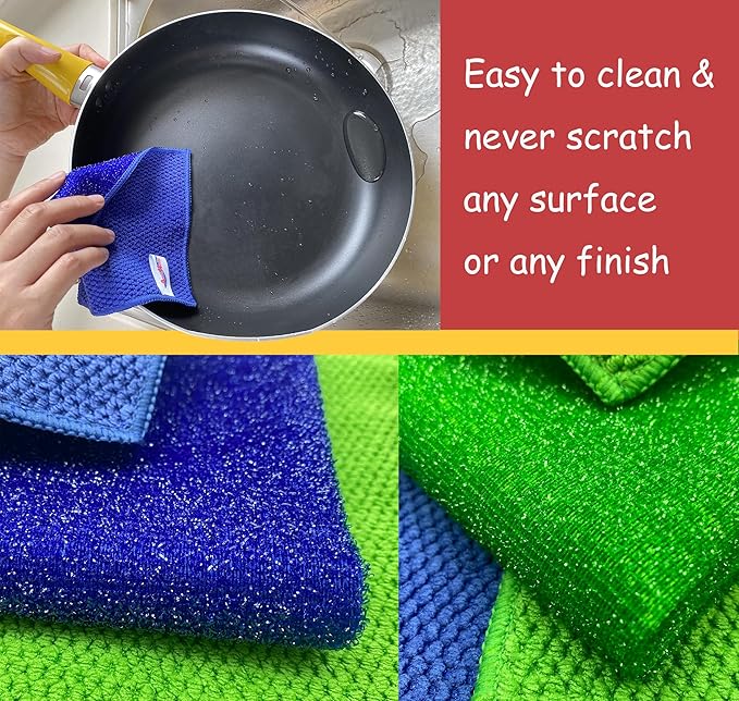 12 Pack Microfiber Scrub Dish Cleaning Cloth, Non-Scratch, 6 x 6 Inch, Multi-use for Pan Pot Dish Cooktop Stovetop Counter Kitchen Household, No Odor, Machine Washable, Blue & Green Assorted