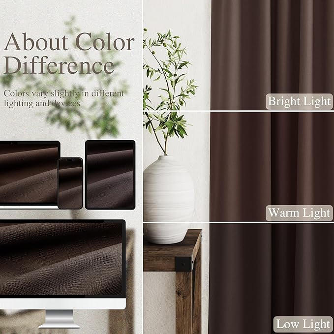 Nanspring Coffee Linen Blackout Curtains 72 inch Length for Living Room Boho Farmhouse Back Tab Rod Pocket Thermal Insulated Textured Living Room Blackout Curtains 2 Panels Set 52x72 Inch