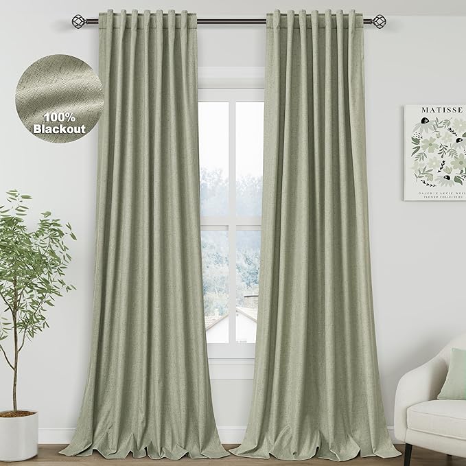 100% Blackout Linen Curtains 102 Inches Long 2 Panels Set for Bedroom Sage Green Back Tab Black Out Curtain Modern Urban Noise Cancelling Total Light Blocking Window Curtains 102 Length 52X102
