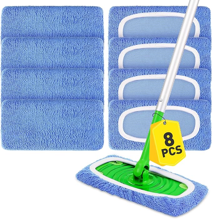 8Pcs Blue Reusable Microfiber Mop Pads Compatible with Swiffer Sweeper Mops,Dry Sweeping Cloths & Wet Pads Refills,Washable Mop Pads for Floor Cleaning